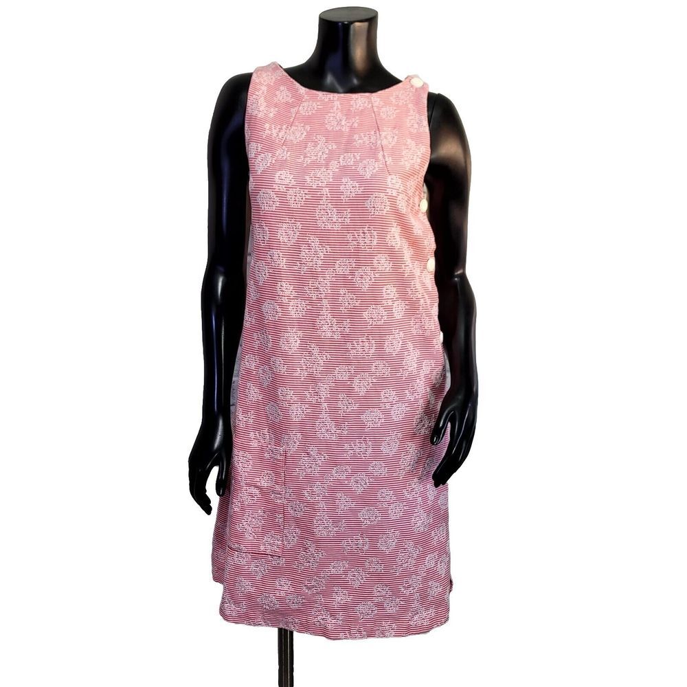 Vintage 60s Handmade Pink Textured Striped Floral Aline Shift Tank Dress Mod